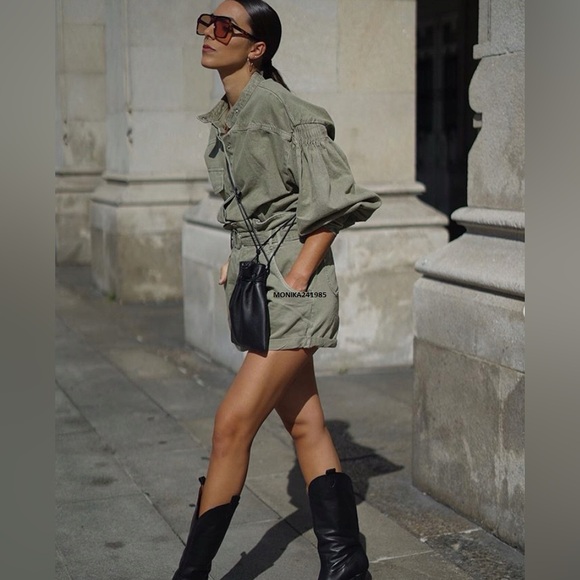 ZARA Women's Green Snap Button Puff Sleeve Denim Shacket Oversized Shirt - Picture 4 of 15